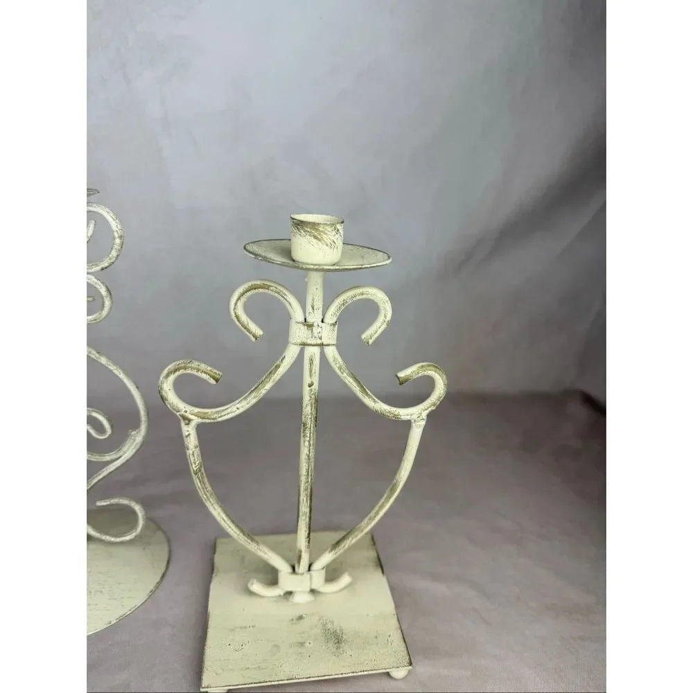Vintage 90s Ivory Iron Candlestick Holders Scroll Cottagecore Shabby Chic Set of